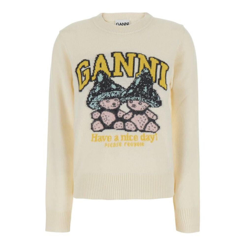 Ganni Women Sweater With Mushroom Graphic In White Wool For Women